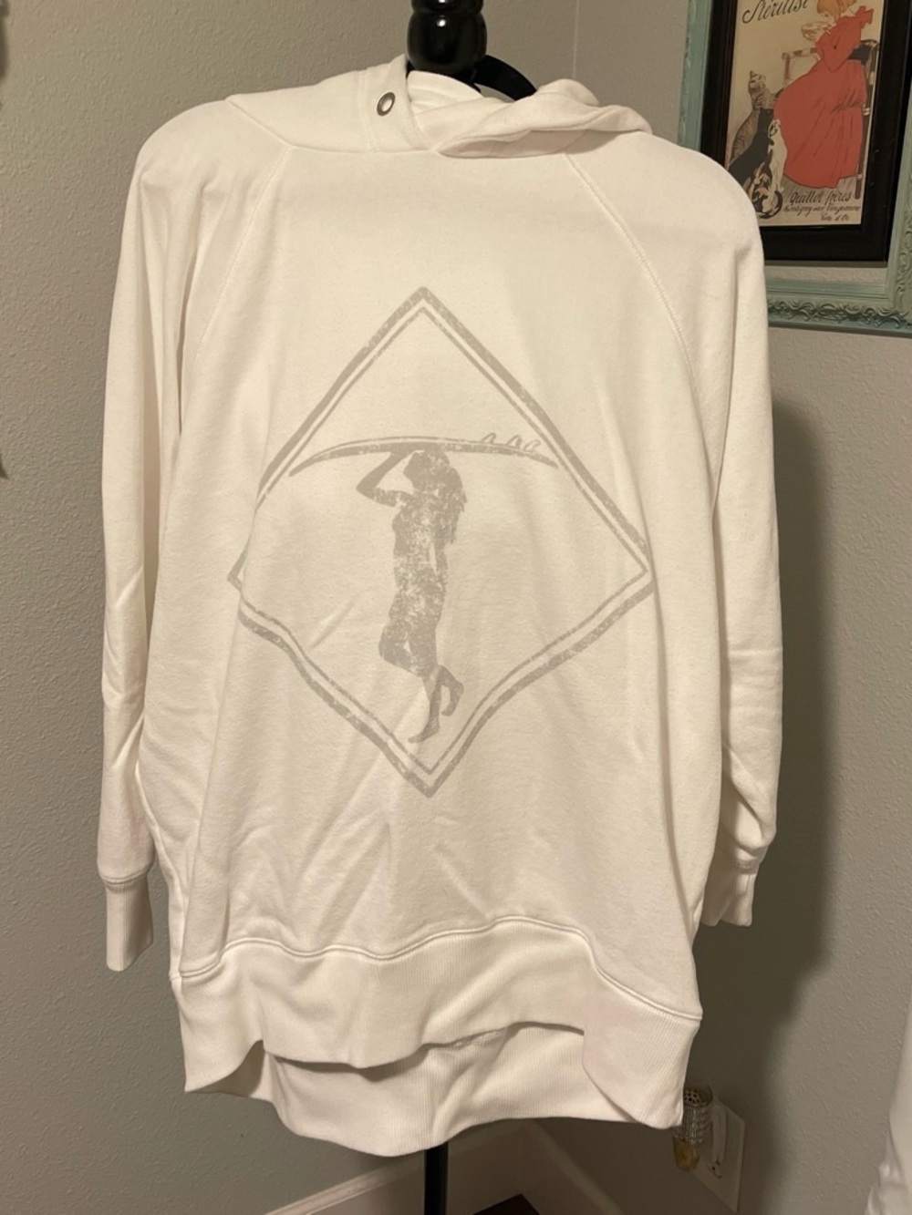 aerie White Crew Neck Pullover Hoodie with Surf Silhouette Graphic
